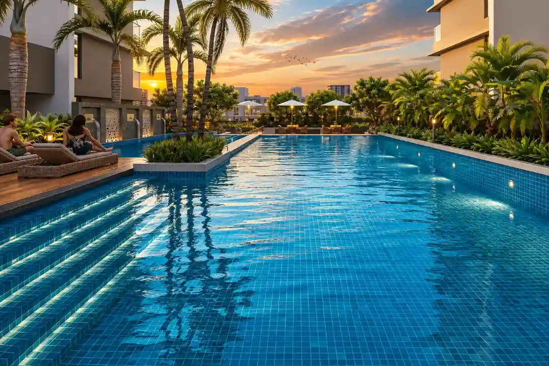 Poolside sun deck at 54 Flores Drive